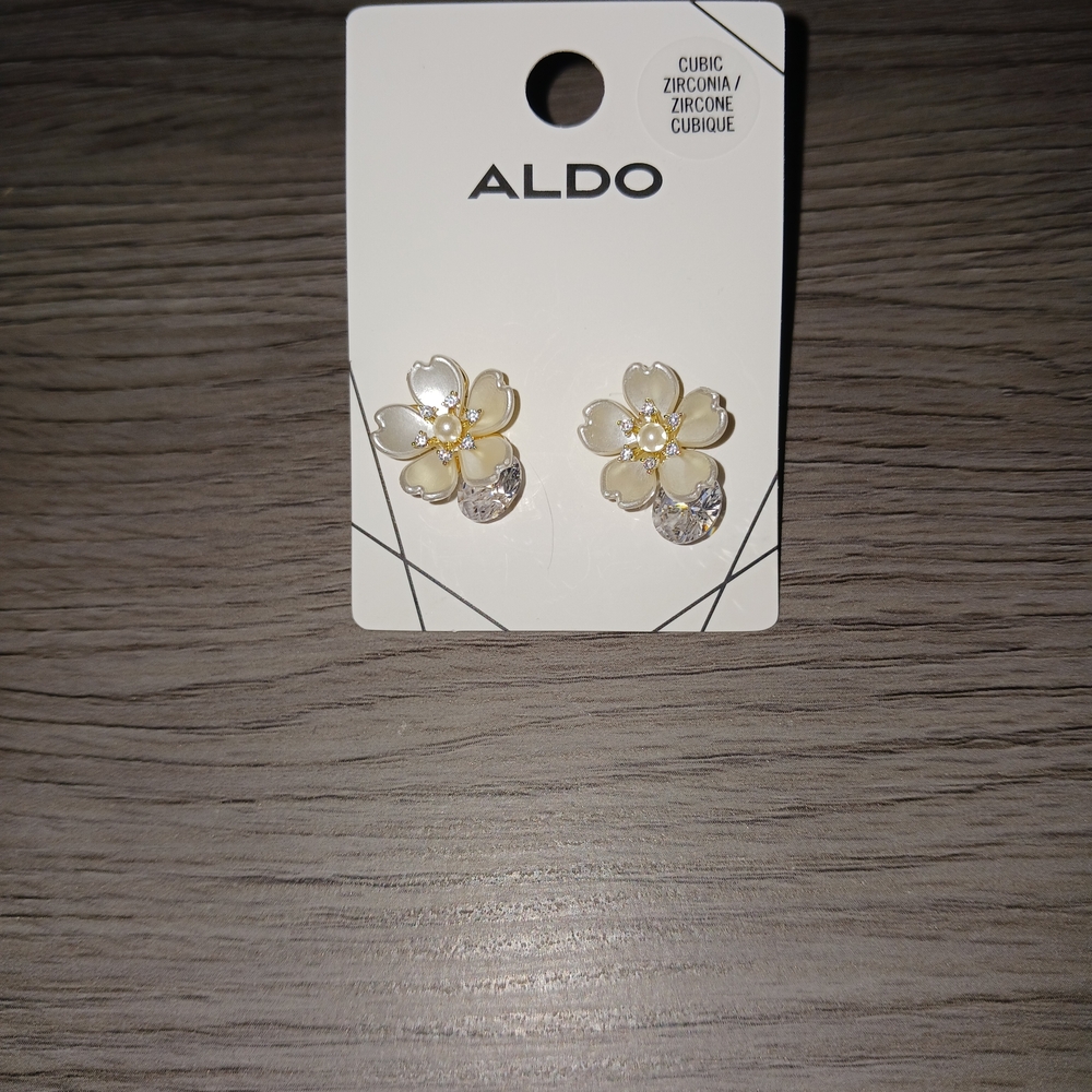 Aldo Cream Floral Stud Earrings with Clear Teardrop Stone
